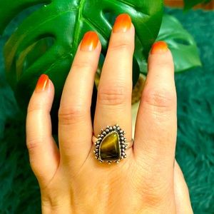 Antiqued Sterling Silver .925 Tiger’s Eye Boho Hippie Ring Sz. 6